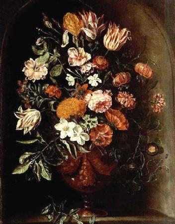 unknow artist A still life with tulips, roses, a red turban cup lily, auricula, jasmin, an iris, carnations and other flowers in a vase, all in a stone niche. oil painting image